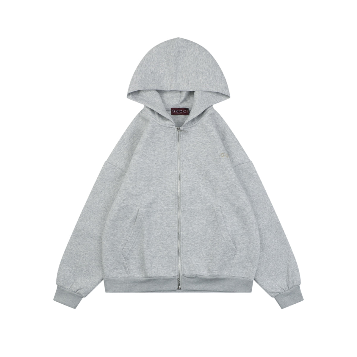 Gucci Tonal G Letter Right-Side Patch Embroidered Zip Hoodie - Grey