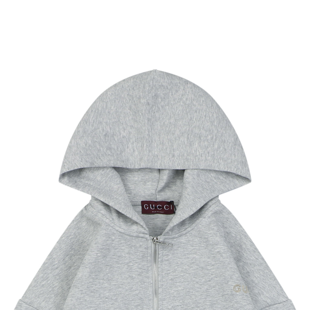 Gucci Tonal G Letter Right-Side Patch Embroidered Zip Hoodie - Grey