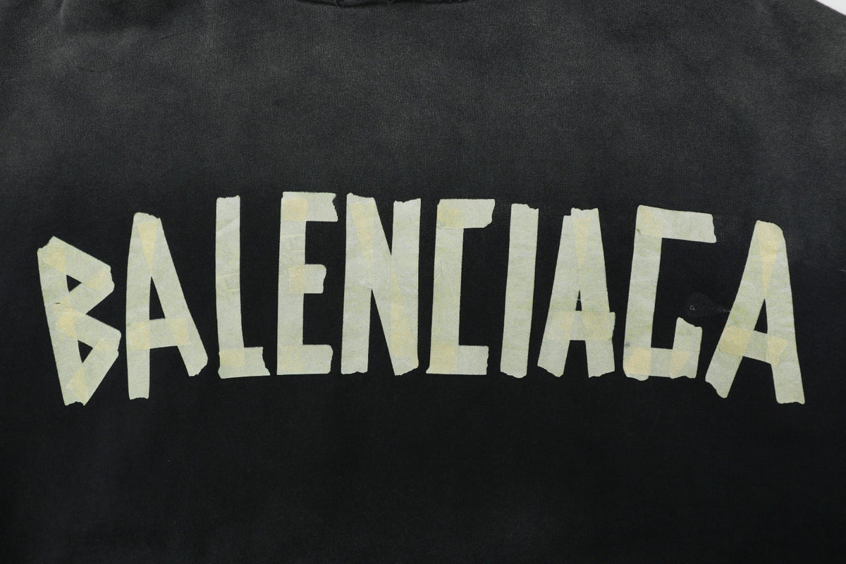Balenciaga Yellow Tape Graphic Print Pullover Hoodie - Black