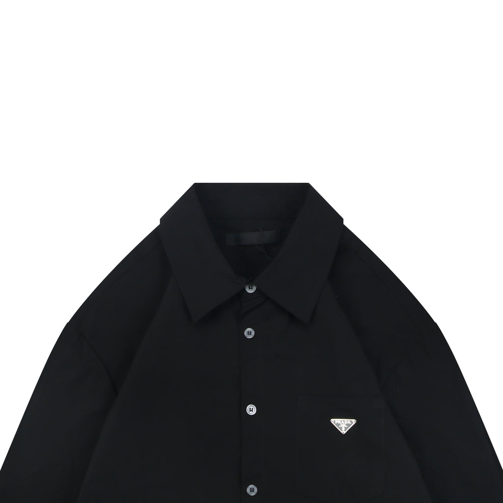 Prada Triangle Logo Patch Pocket Long-Sleeve Shirt - Black