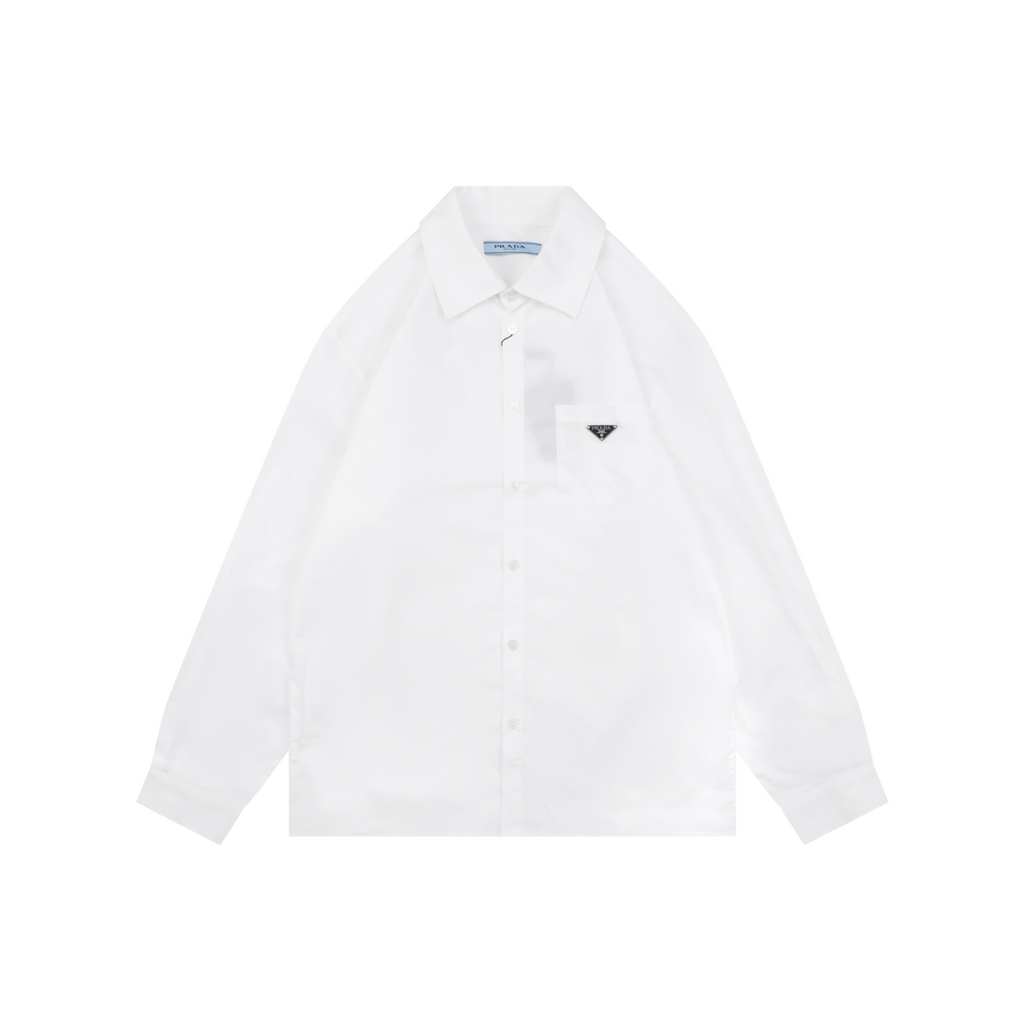 Prada Triangle Logo Patch Pocket Long-Sleeve Shirt - White
