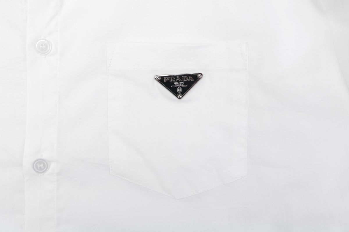 Prada Triangle Logo Patch Pocket Long-Sleeve Shirt - White