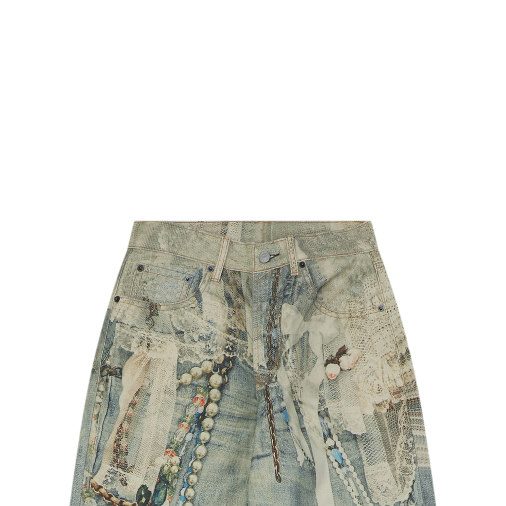 Acne Studios Lace and Pearl Chain Print Denim Trousers - Blue