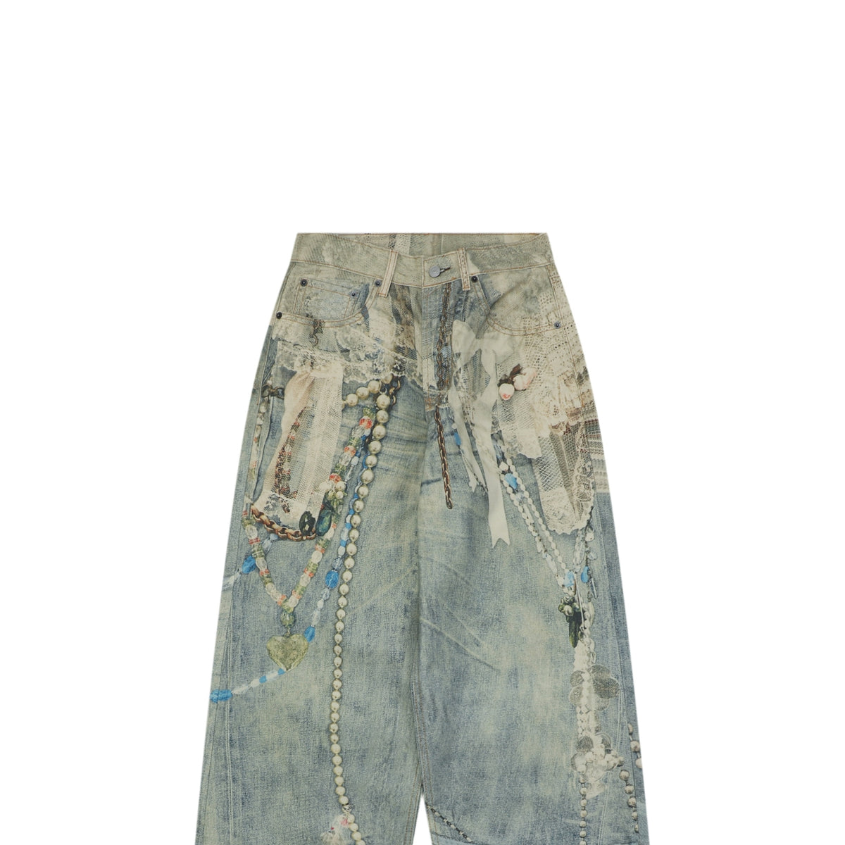 Acne Studios Lace and Pearl Chain Print Denim Trousers - Blue