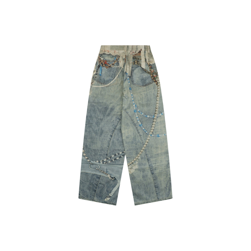 Acne Studios Lace and Pearl Chain Print Denim Trousers - Blue