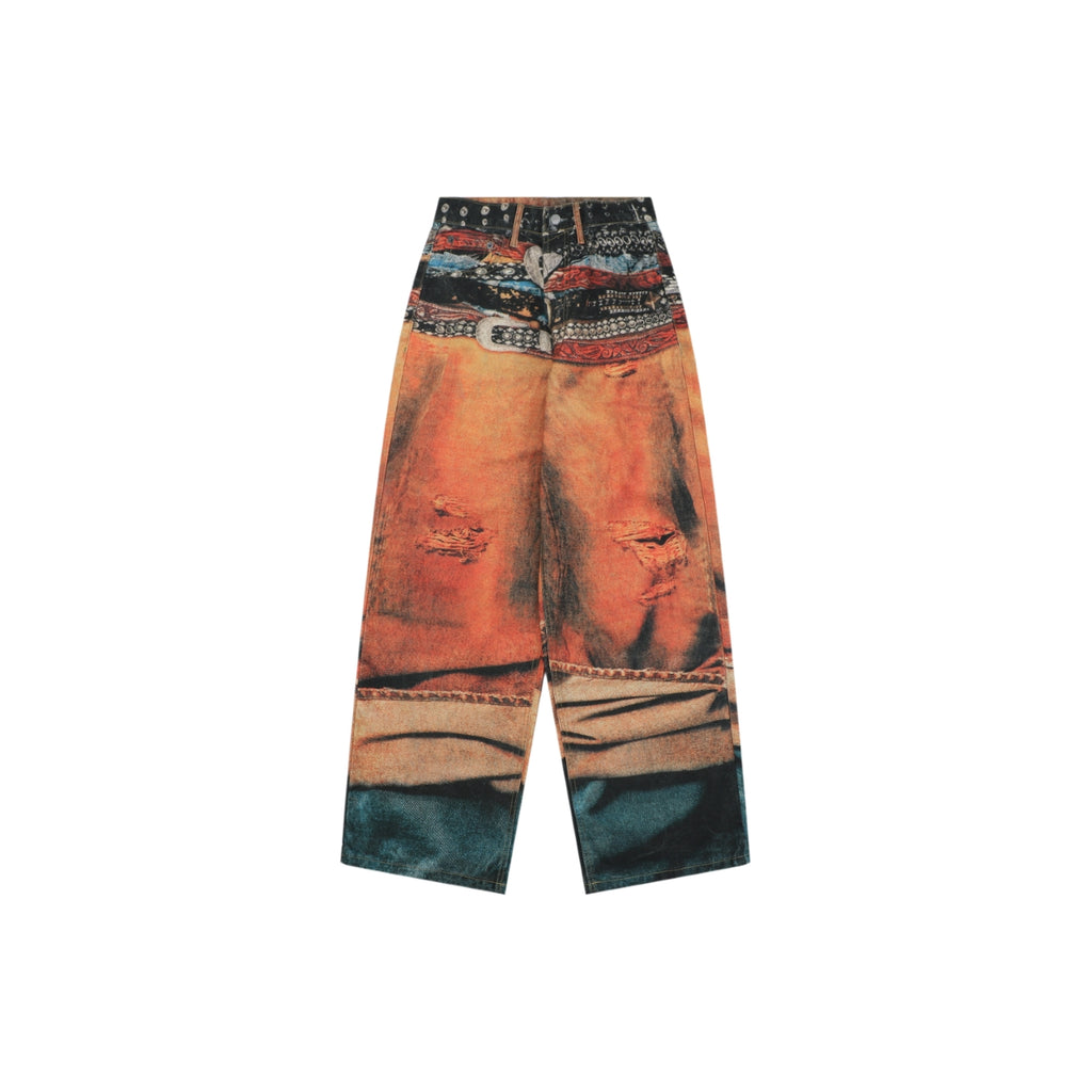 Acne Studios Multi-Belt Graphic Print Denim Trousers - Orange / Teal