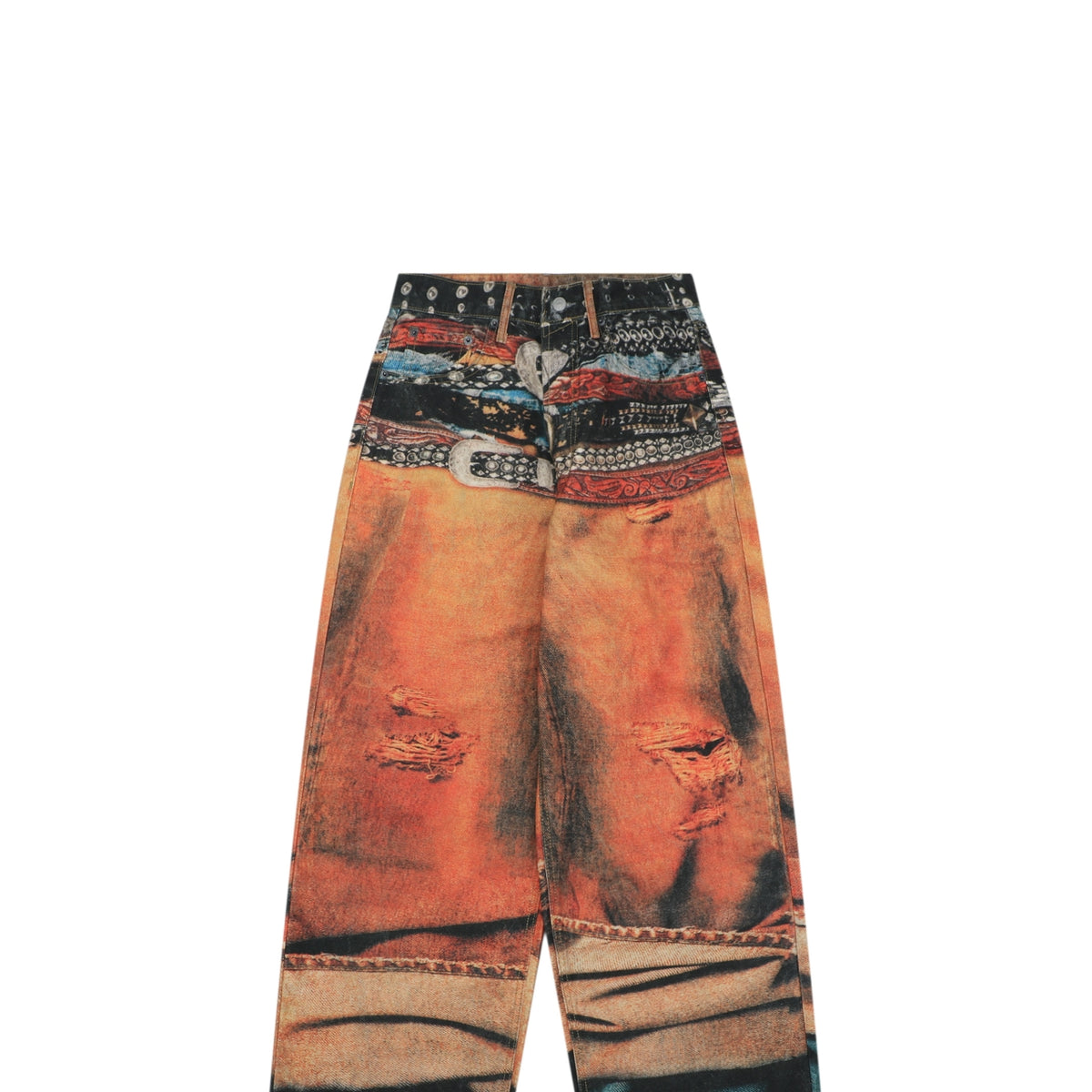 Acne Studios Multi-Belt Graphic Print Denim Trousers - Orange / Teal