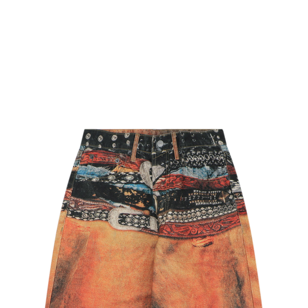 Acne Studios Multi-Belt Graphic Print Denim Trousers - Orange / Teal