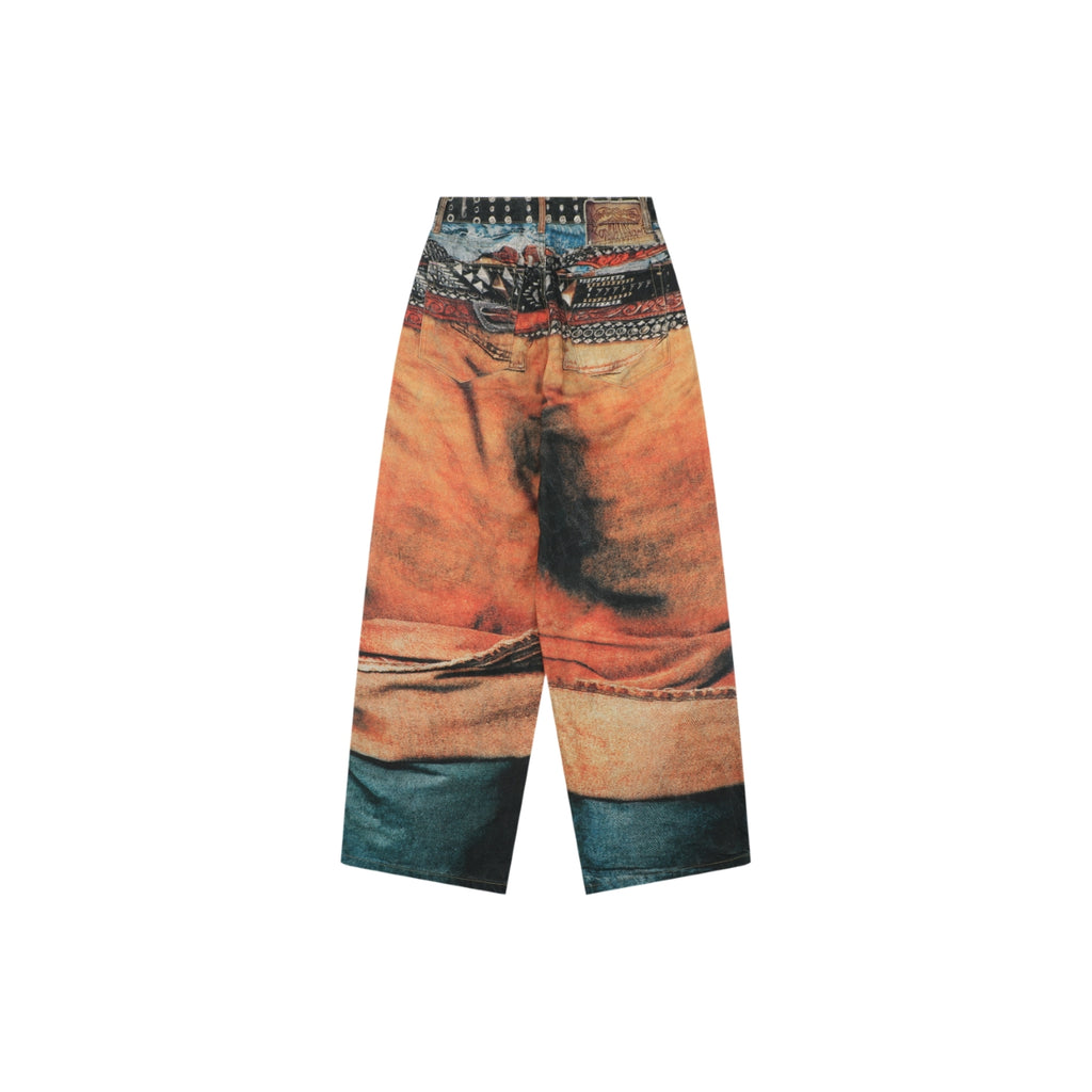 Acne Studios Multi-Belt Graphic Print Denim Trousers - Orange / Teal