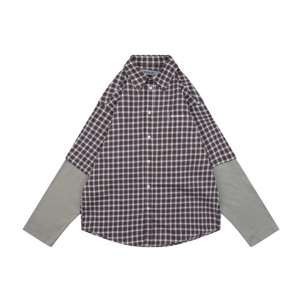 Balenciaga Red and Grey Check Faux Two-Piece Layered Long-Sleeve Shirt