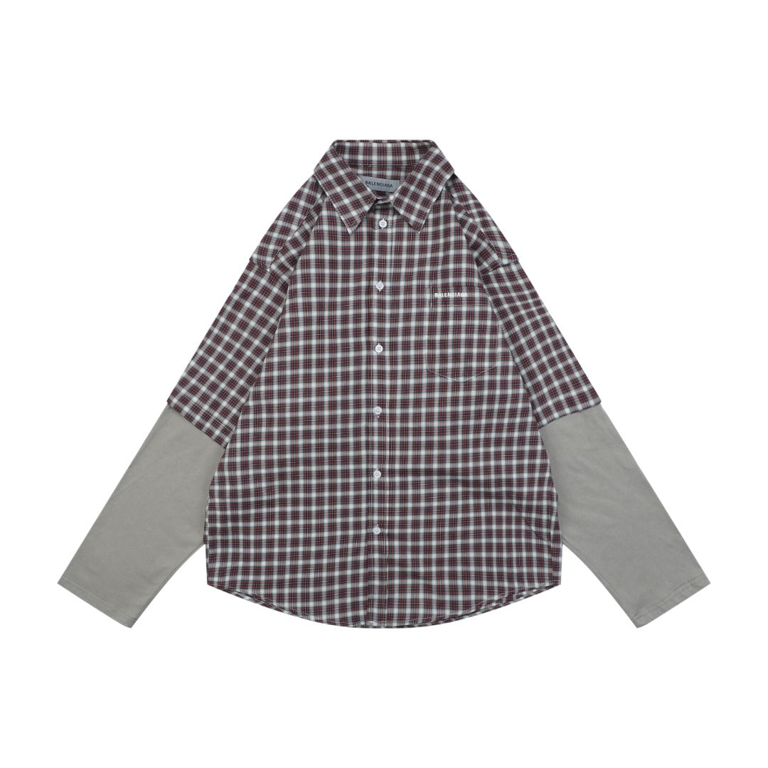 Balenciaga Red and Grey Check Faux Two-Piece Layered Long-Sleeve Shirt