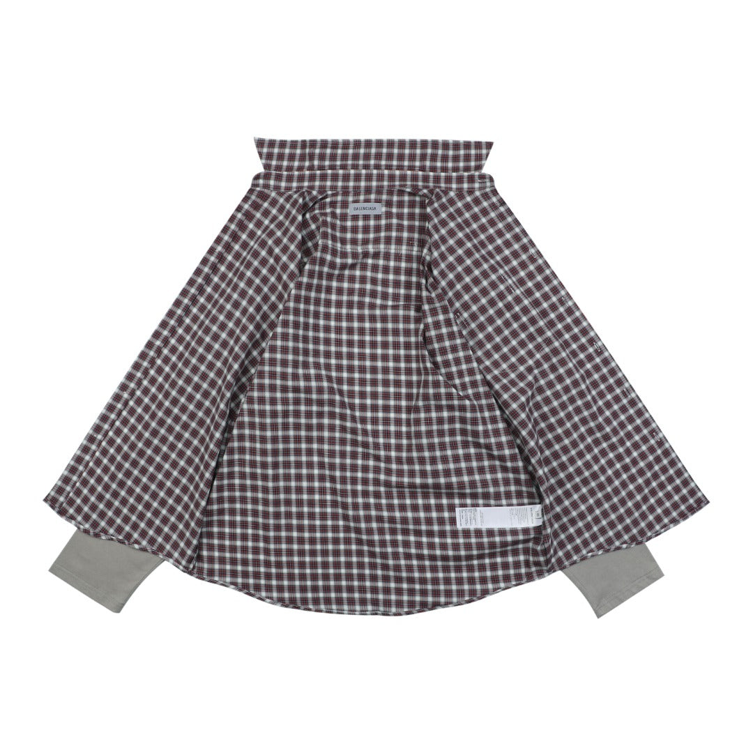 Balenciaga Red and Grey Check Faux Two-Piece Layered Long-Sleeve Shirt