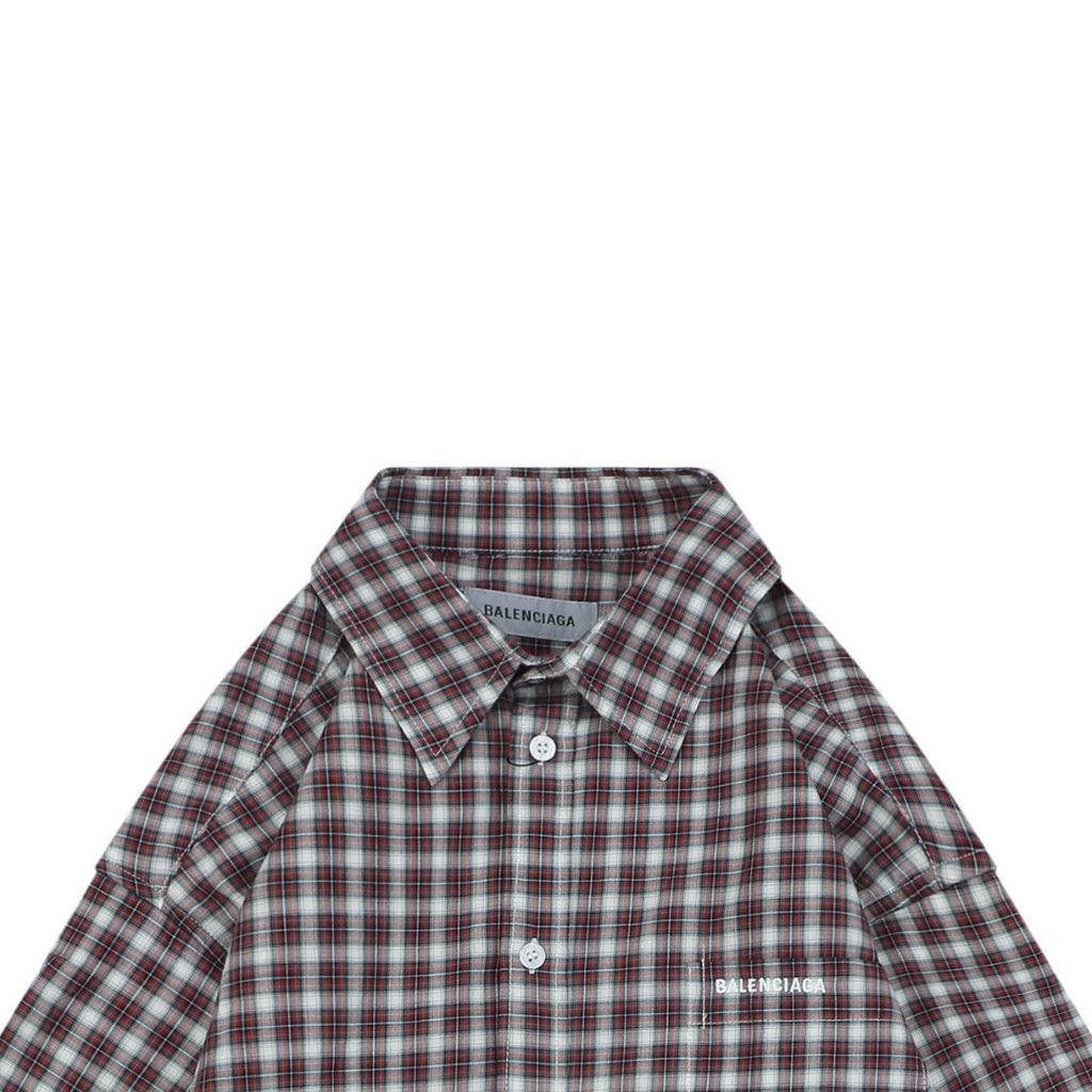 Balenciaga Red and Grey Check Faux Two-Piece Layered Long-Sleeve Shirt