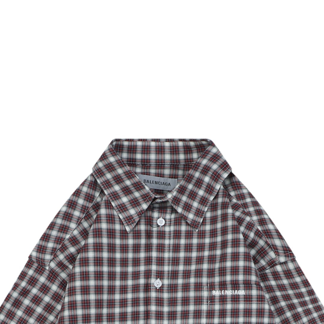 Balenciaga Red and Grey Check Faux Two-Piece Layered Long-Sleeve Shirt