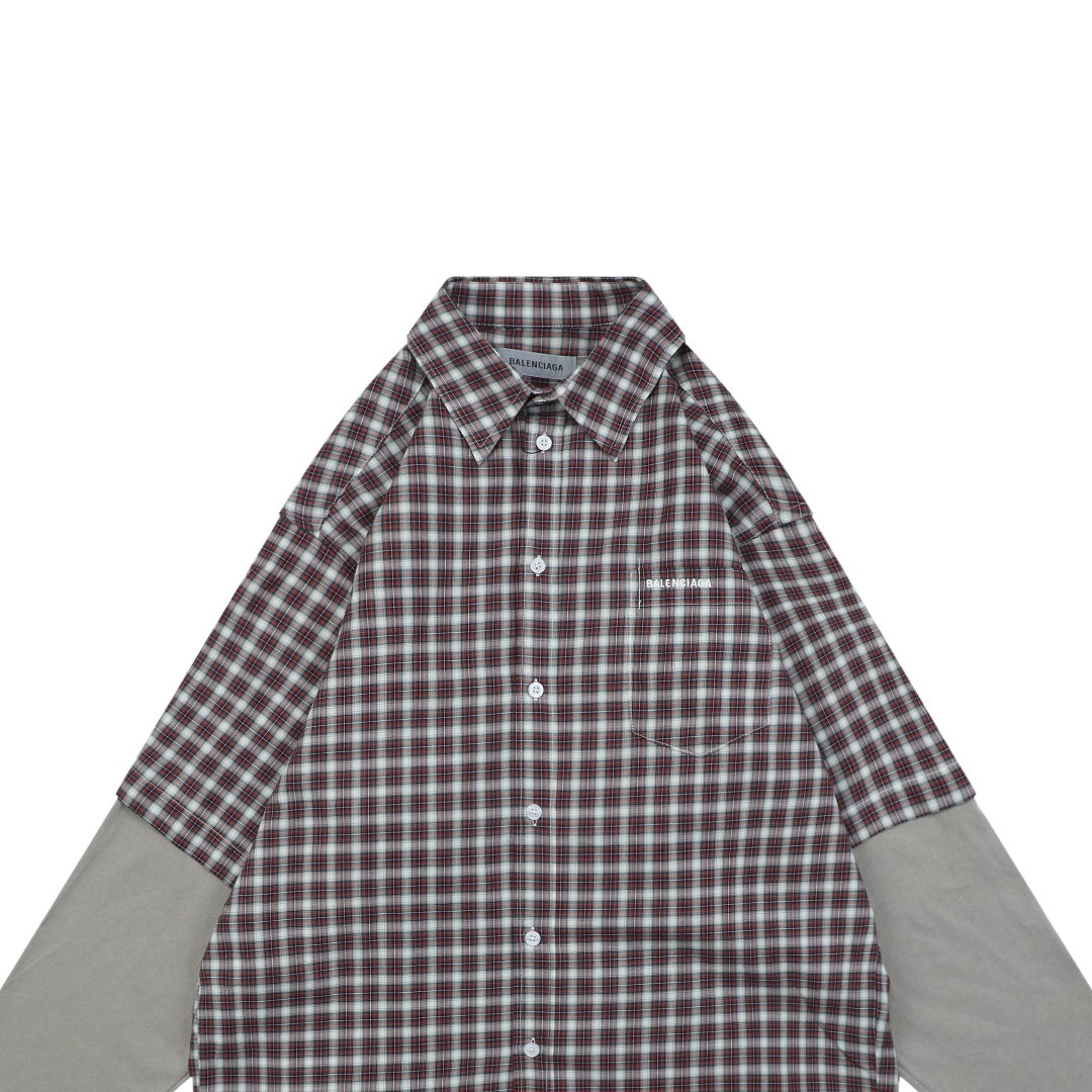 Balenciaga Red and Grey Check Faux Two-Piece Layered Long-Sleeve Shirt