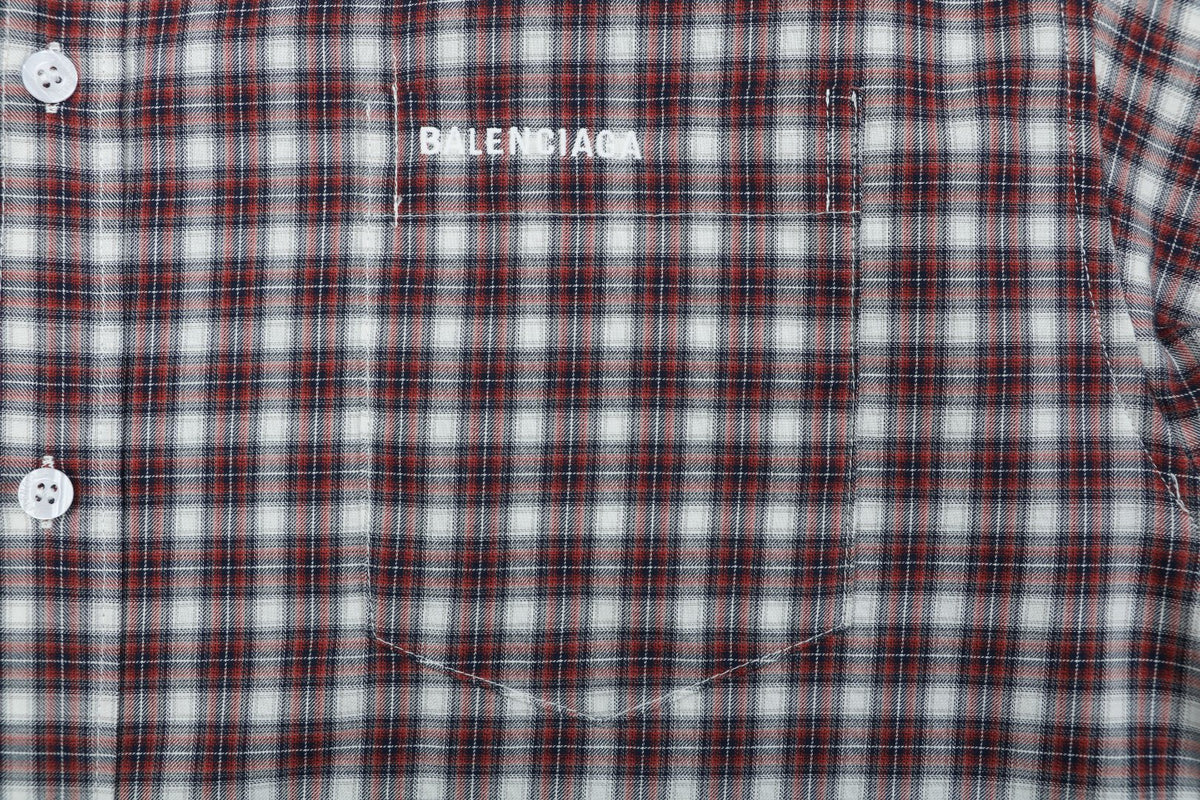 Balenciaga Red and Grey Check Faux Two-Piece Layered Long-Sleeve Shirt