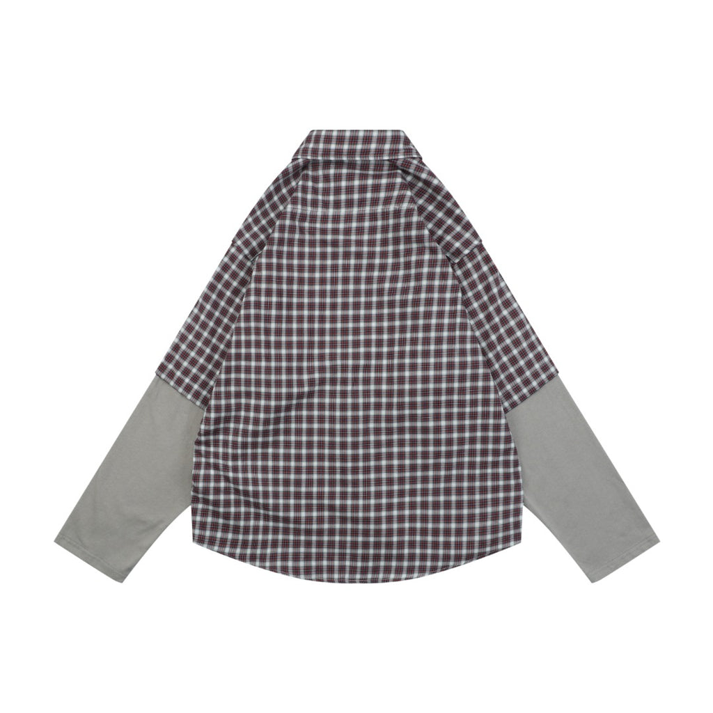 Balenciaga Red and Grey Check Faux Two-Piece Layered Long-Sleeve Shirt