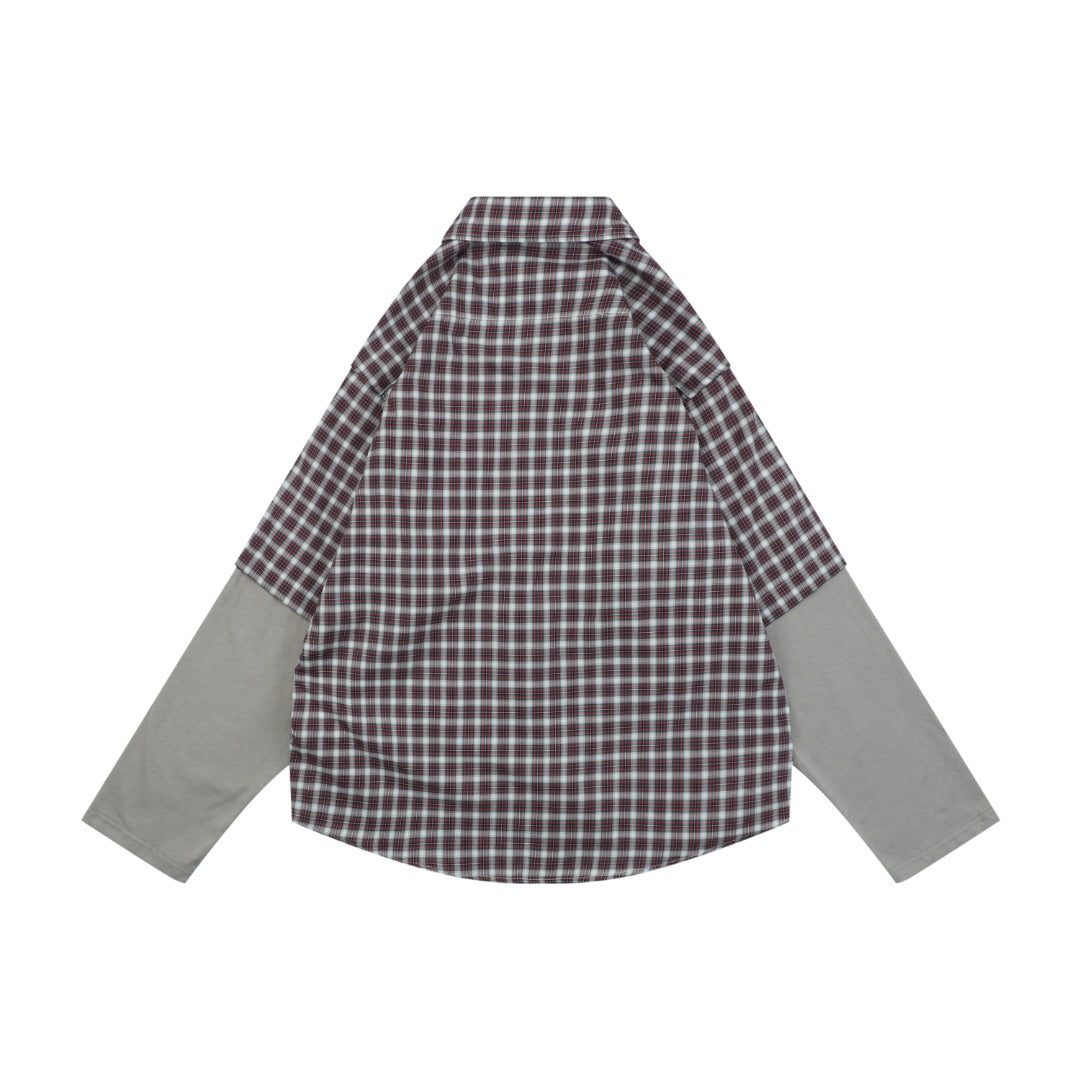 Balenciaga Red and Grey Check Faux Two-Piece Layered Long-Sleeve Shirt