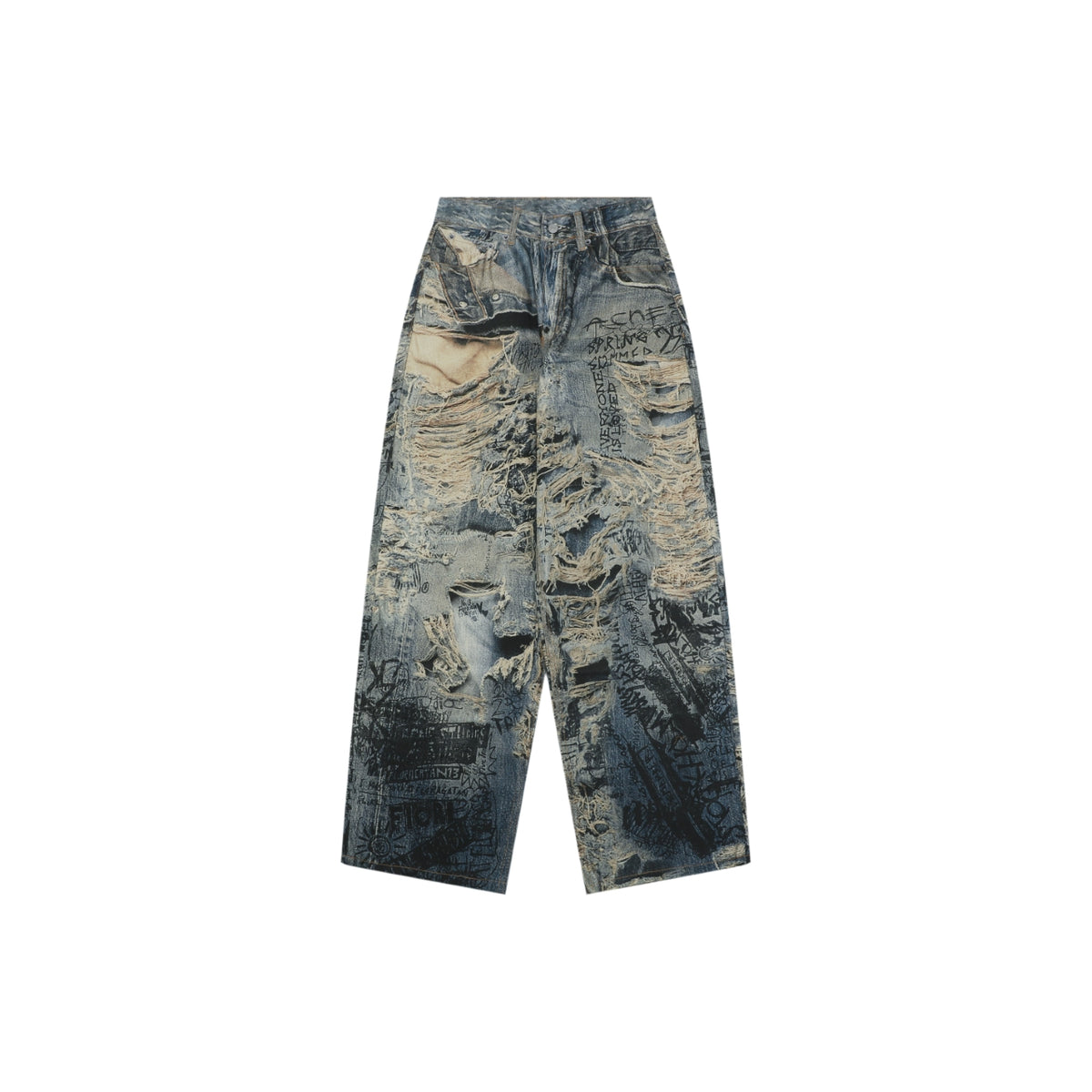 Acne Studios Distressed Trompe-L'Oeil Graffiti Print Denim Trousers - Indigo Multi