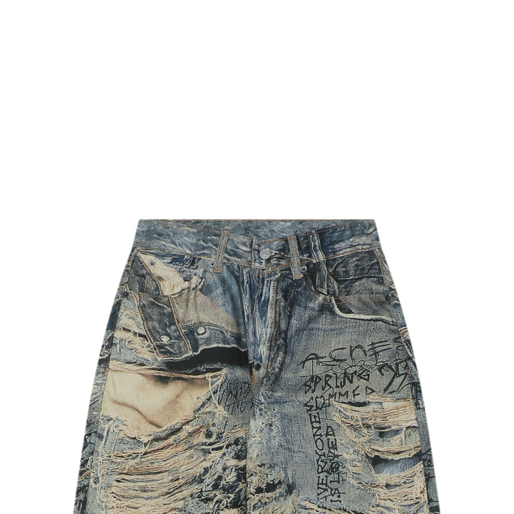Acne Studios Distressed Trompe-L'Oeil Graffiti Print Denim Trousers - Indigo Multi