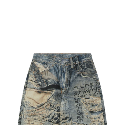 Acne Studios Distressed Trompe-L'Oeil Graffiti Print Denim Trousers - Indigo Multi