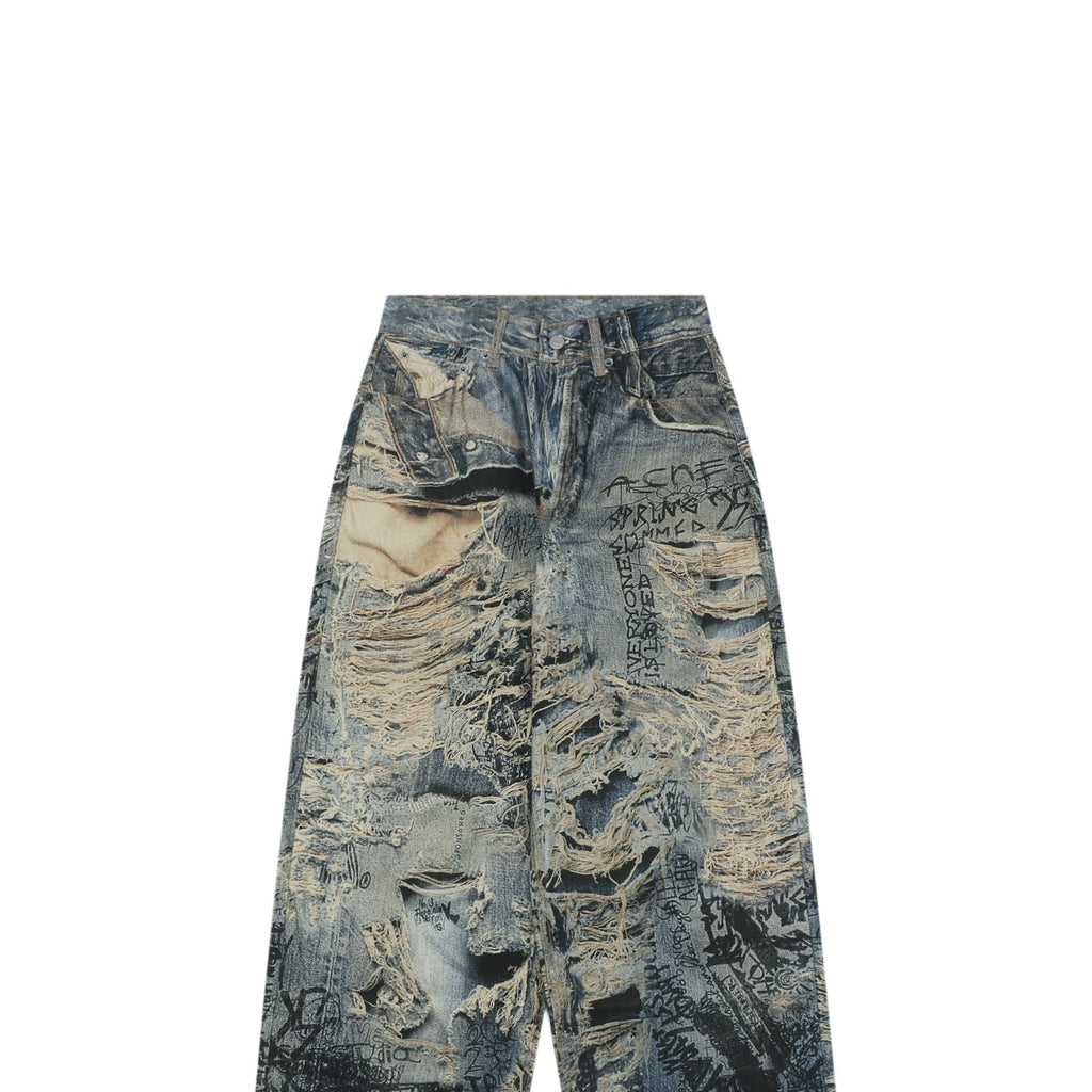 Acne Studios Distressed Trompe-L'Oeil Graffiti Print Denim Trousers - Indigo Multi