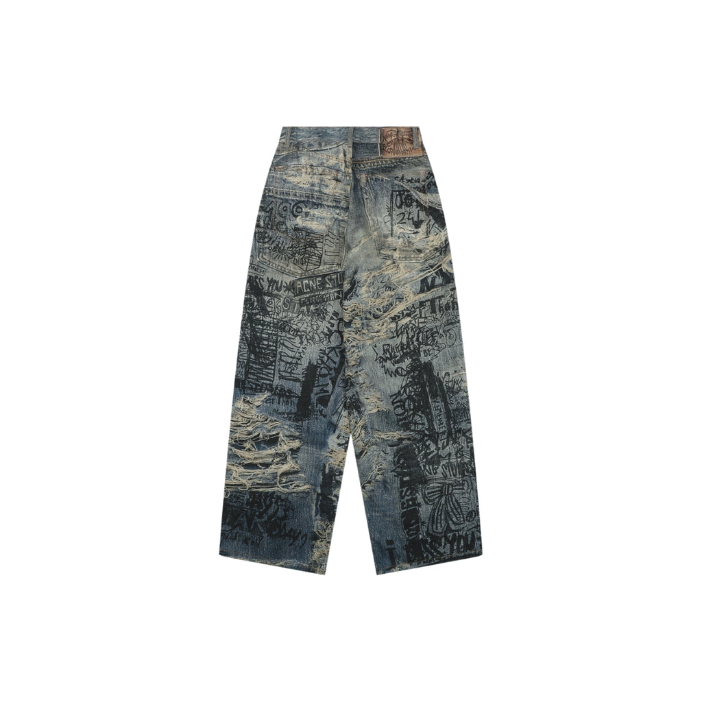 Acne Studios Distressed Trompe-L'Oeil Graffiti Print Denim Trousers - Indigo Multi