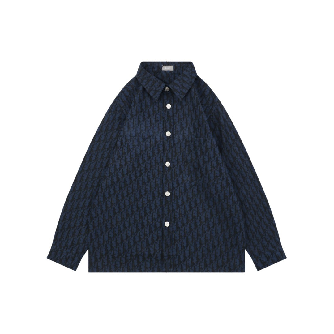 Dior 22SS Tonal Oblique Jacquard Long-Sleeve Shirt - Navy