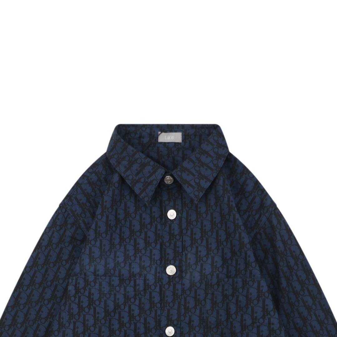 Dior 22SS Tonal Oblique Jacquard Long-Sleeve Shirt - Navy