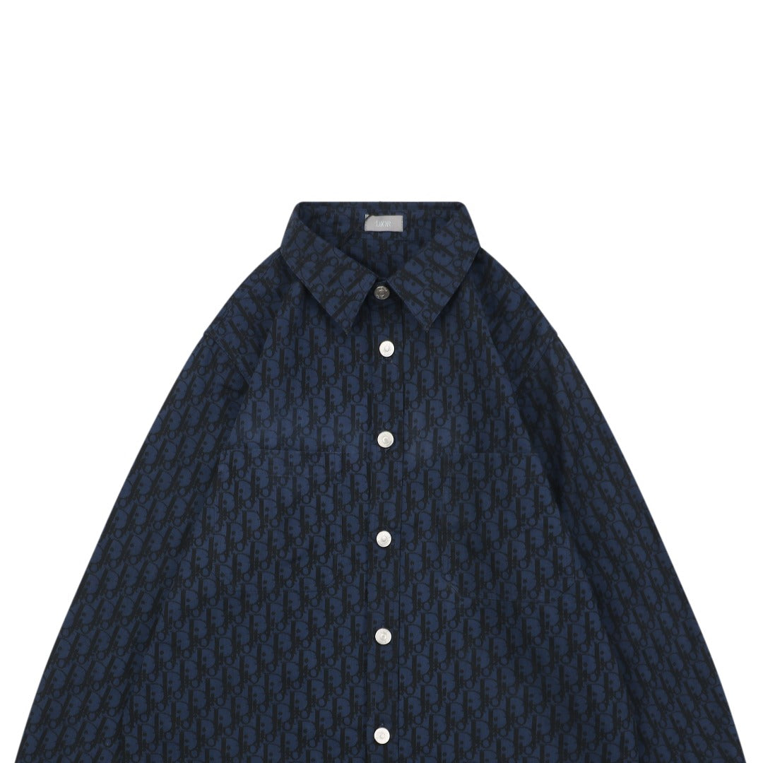 Dior 22SS Tonal Oblique Jacquard Long-Sleeve Shirt - Navy