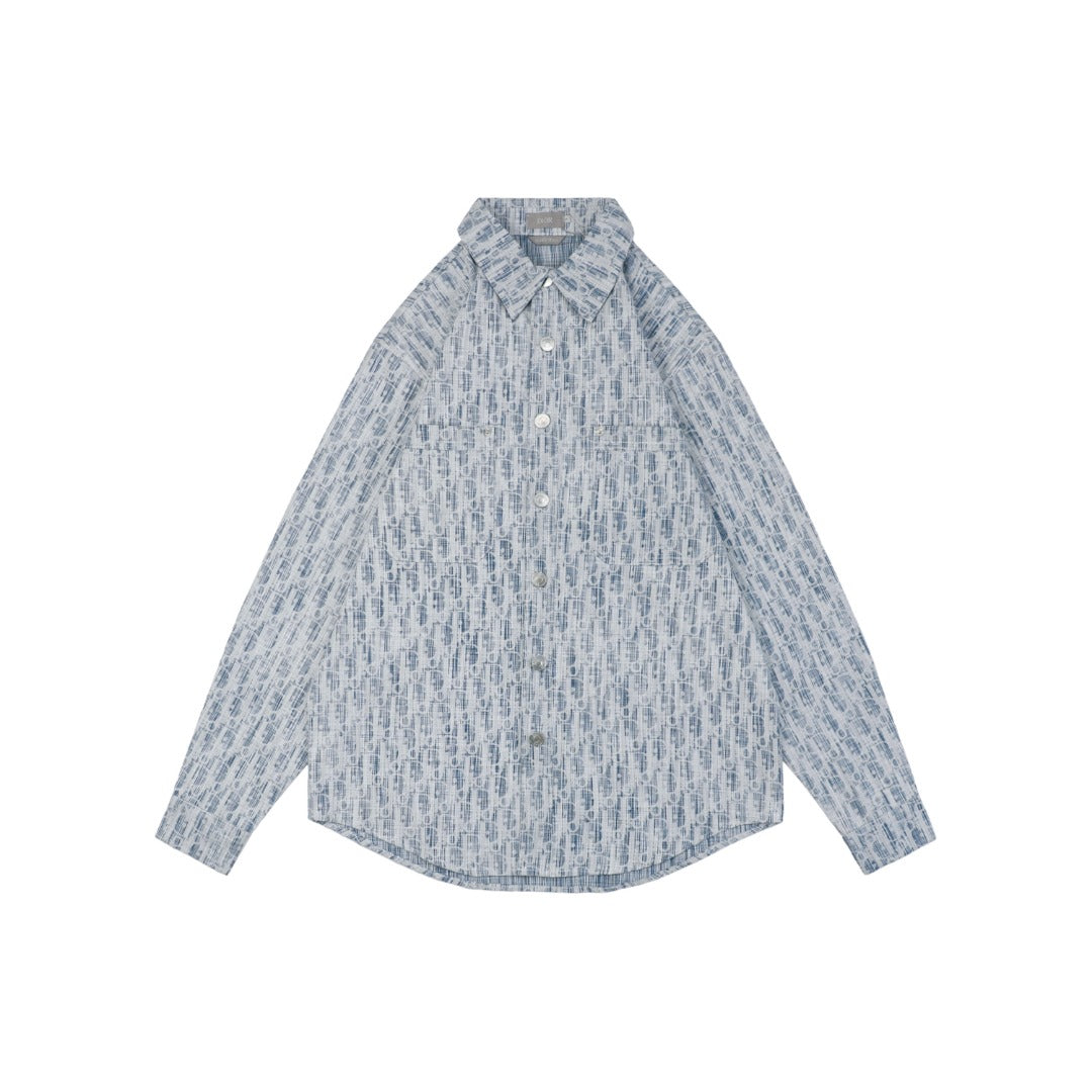 Dior x Stüssy 22FW Tonal Oblique Jacquard Long-Sleeve Shirt - Light Blue
