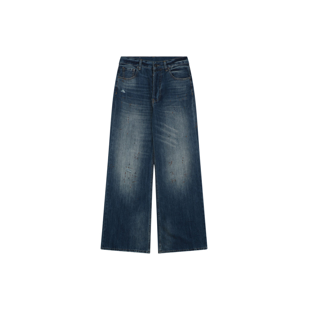 Acne Studios 2021F Ink-Splash Vintage-Wash Wide-Leg Denim Trousers - Indigo