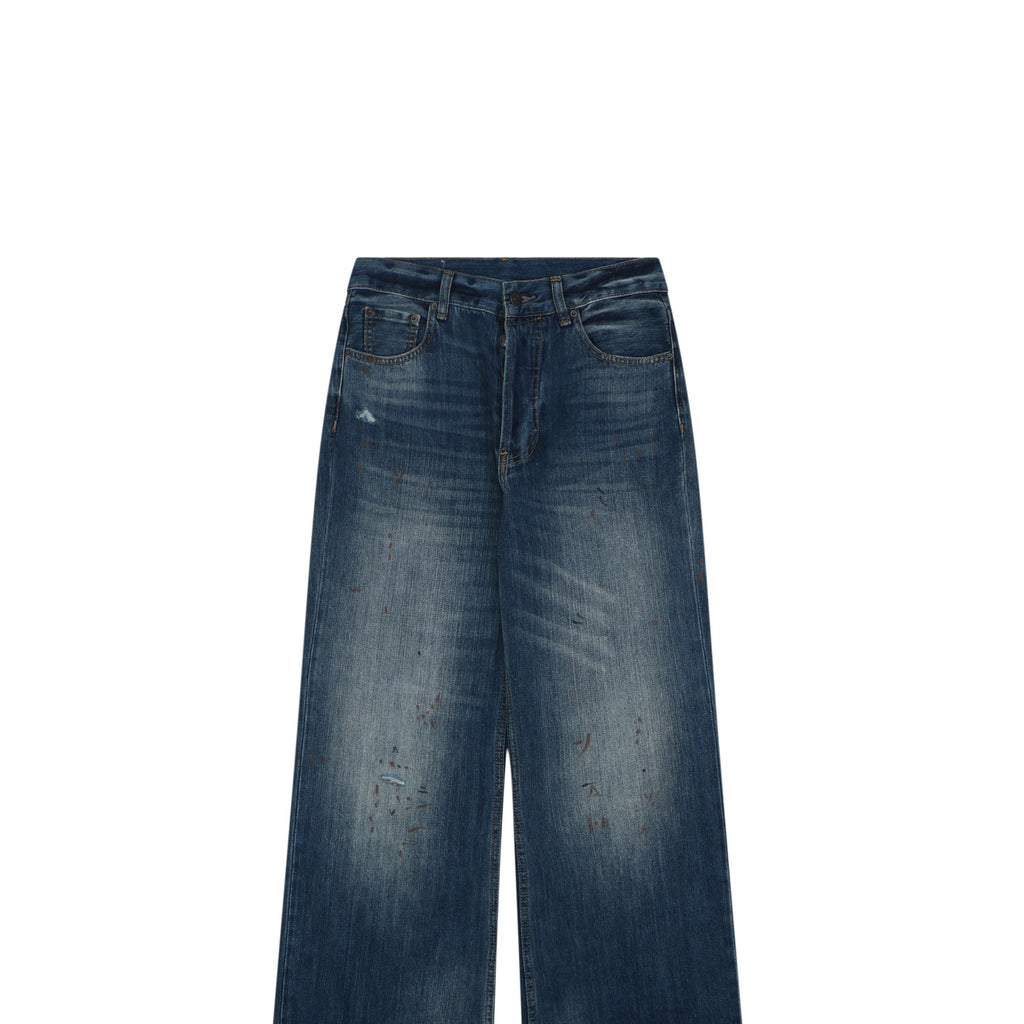 Acne Studios 2021F Ink-Splash Vintage-Wash Wide-Leg Denim Trousers - Indigo