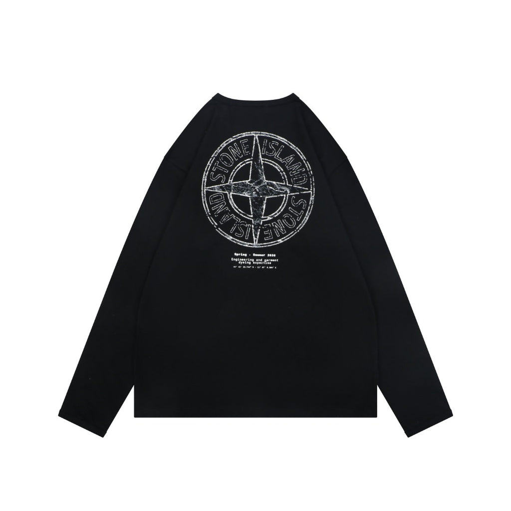 Stone Island Distressed Compass Badge Graphic Long-Sleeve T-Shirt - Black