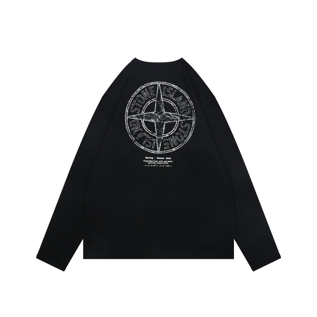 Stone Island Distressed Compass Badge Graphic Long-Sleeve T-Shirt - Black