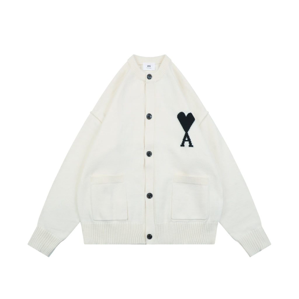 AMI Paris Ami de Cœur Heart Logo Crewneck Cardigan - Ivory