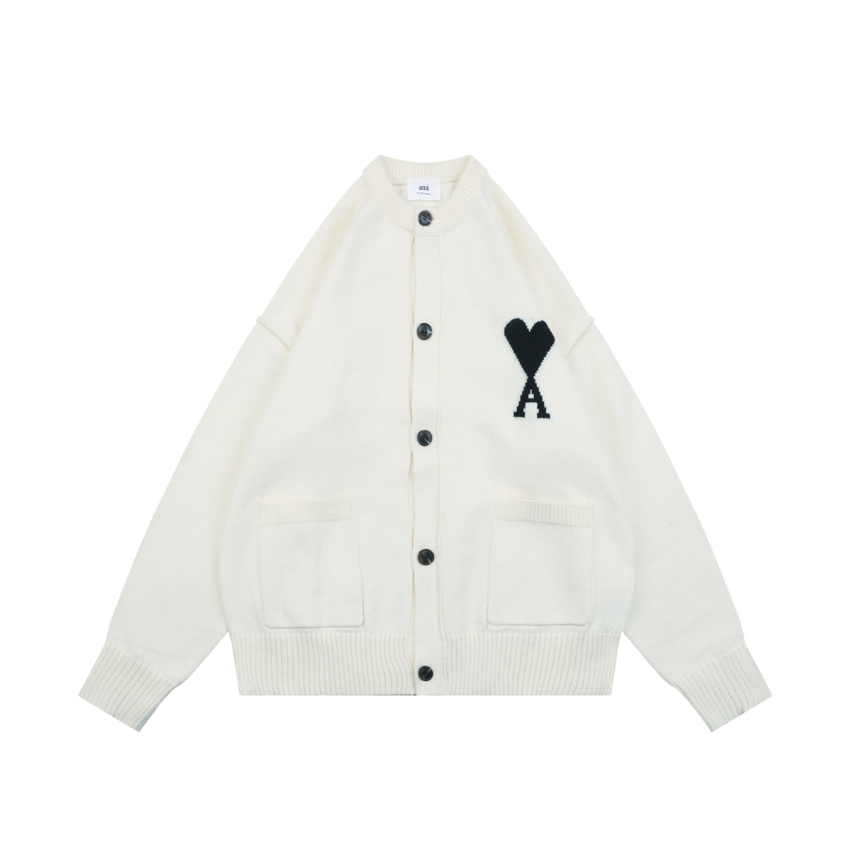 AMI Paris Ami de Cœur Heart Logo Crewneck Cardigan - Ivory