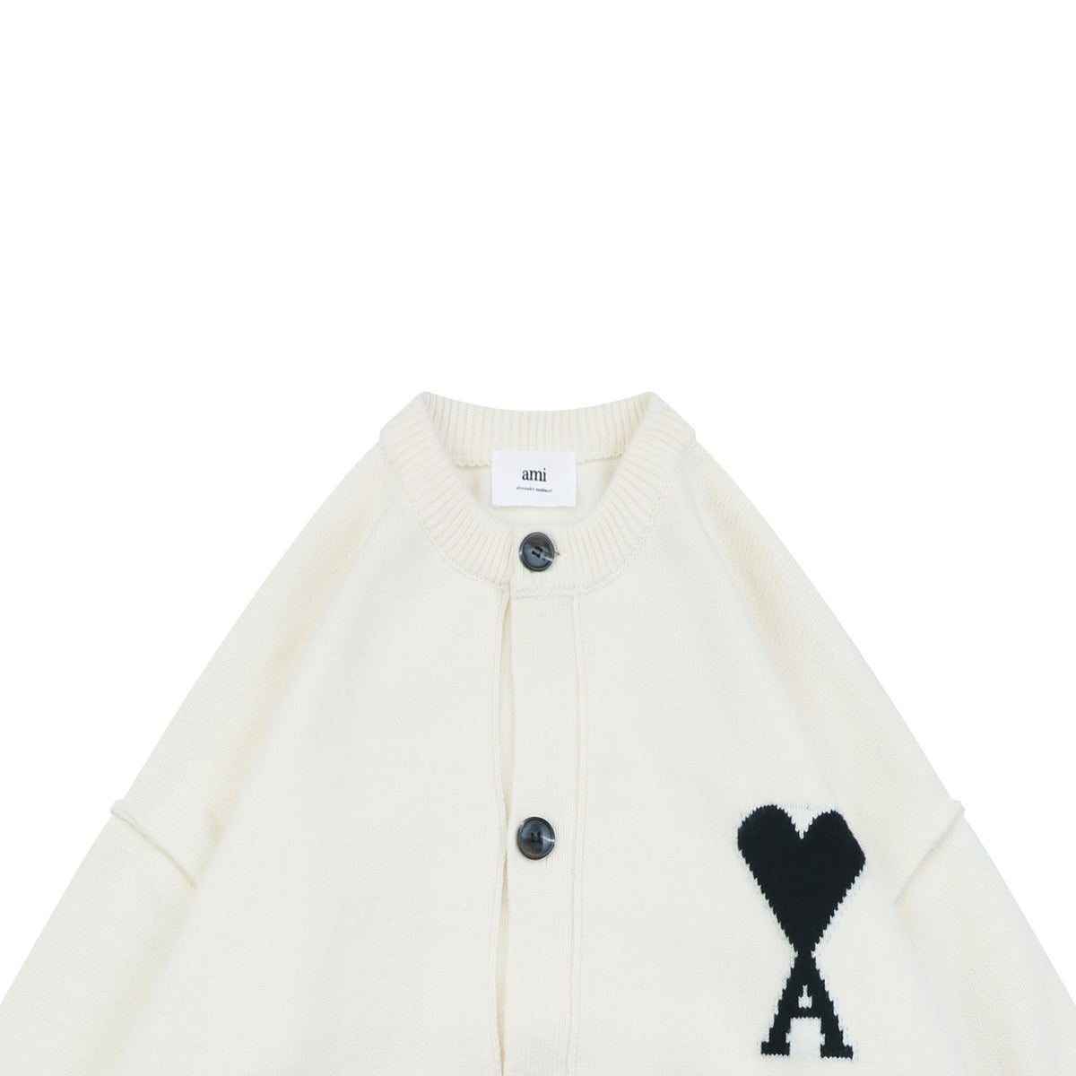 AMI Paris Ami de Cœur Heart Logo Crewneck Cardigan - Ivory