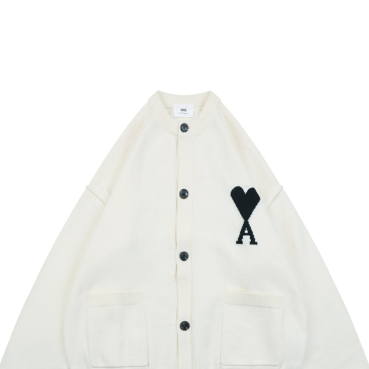 AMI Paris Ami de Cœur Heart Logo Crewneck Cardigan - Ivory