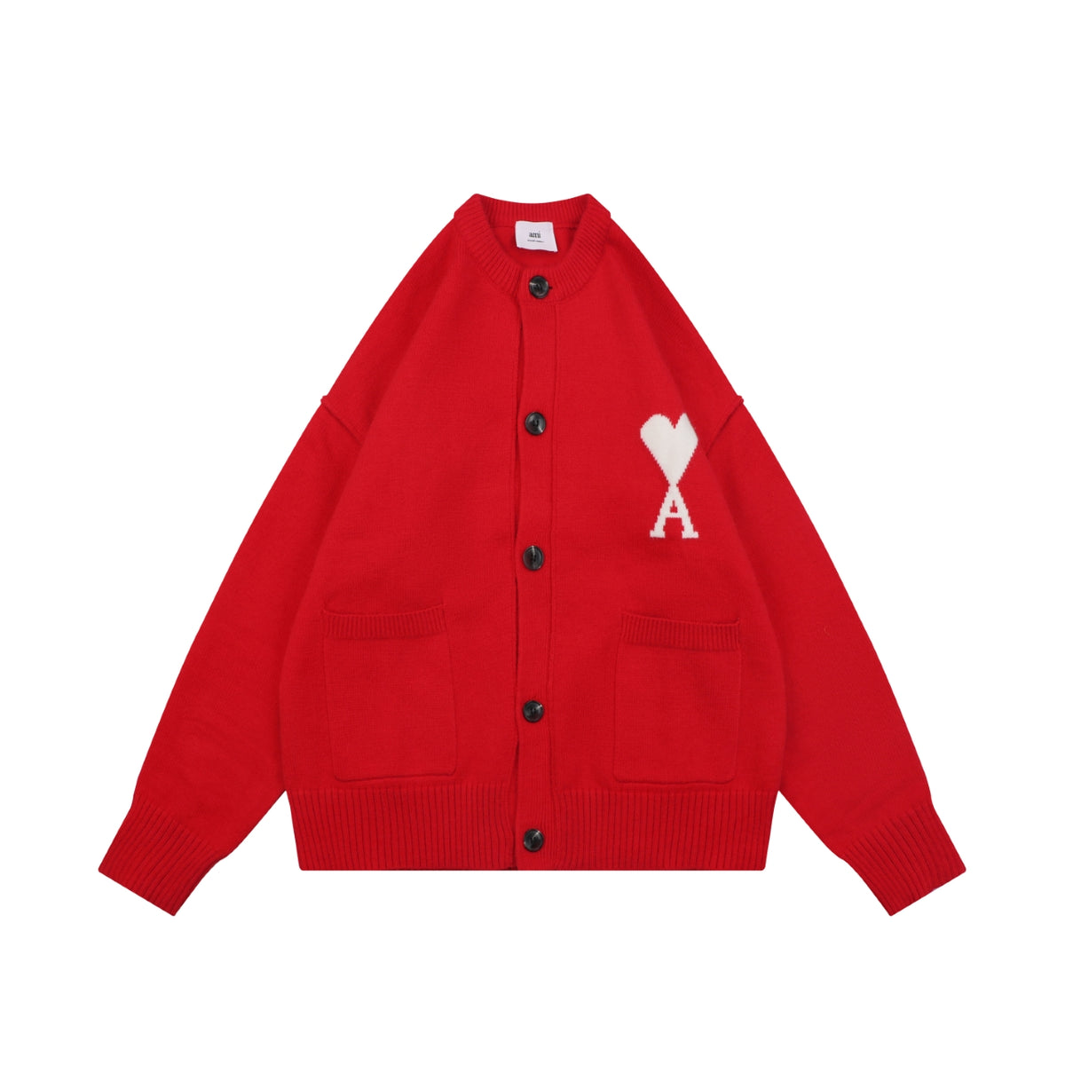 AMI Paris Ami de Cœur Heart Logo Crewneck Cardigan - Red