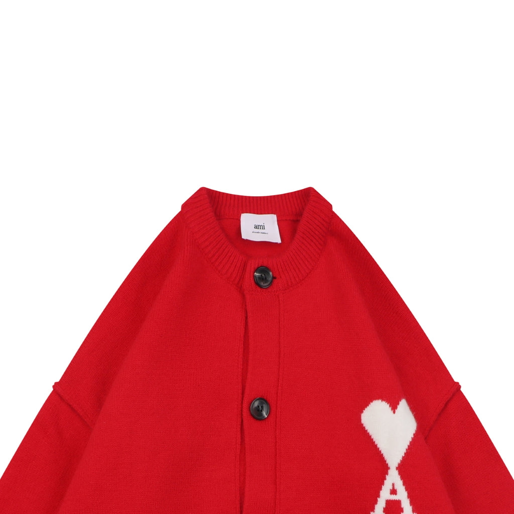 AMI Paris Ami de Cœur Heart Logo Crewneck Cardigan - Red