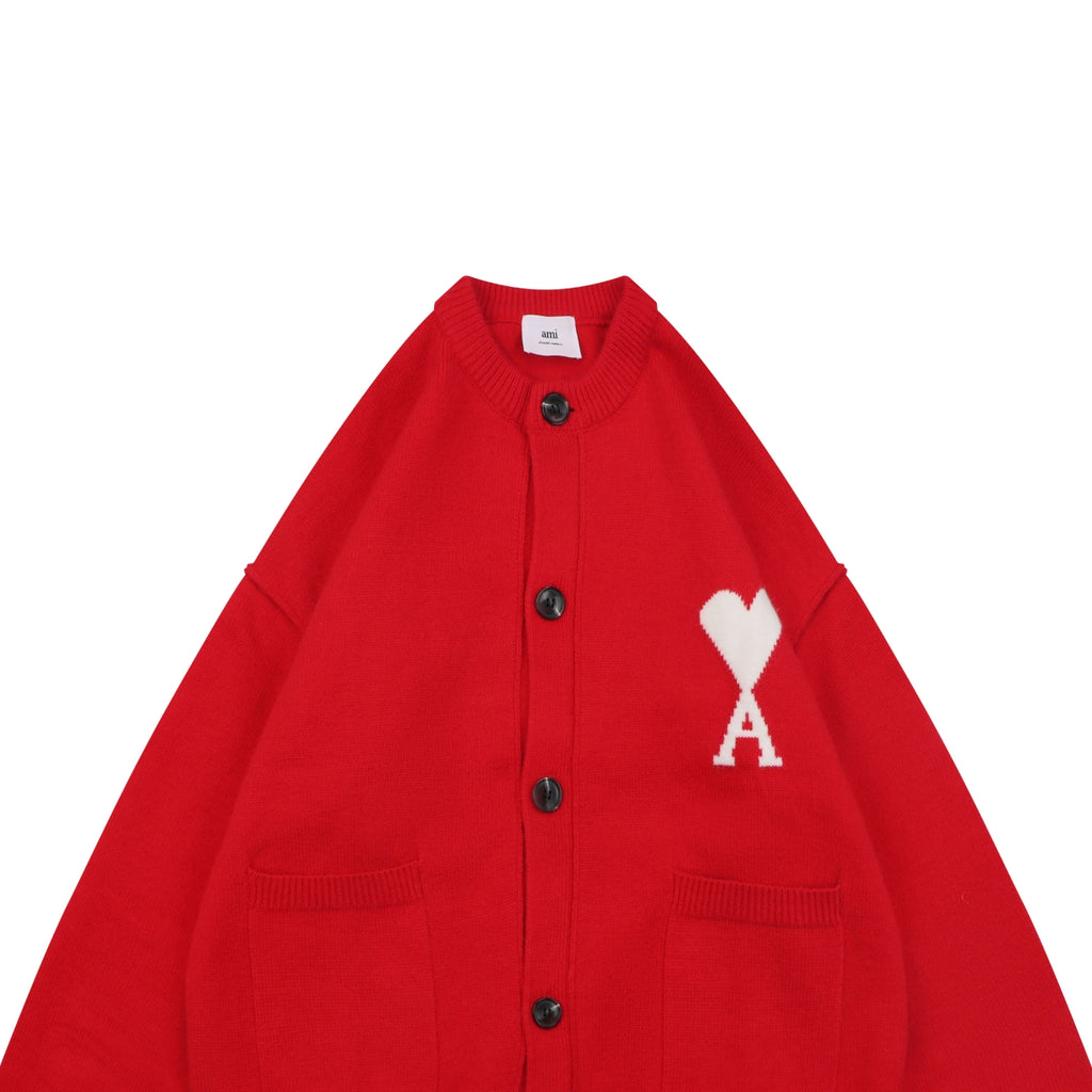 AMI Paris Ami de Cœur Heart Logo Crewneck Cardigan - Red