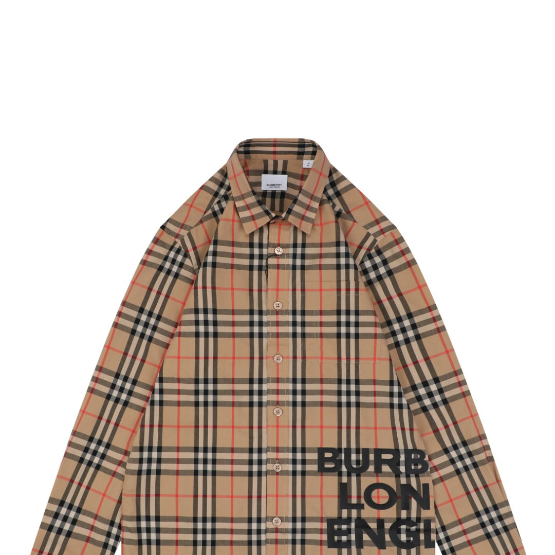 Burberry Vintage Check Split-Wordmark Long-Sleeve Shirt - Camel