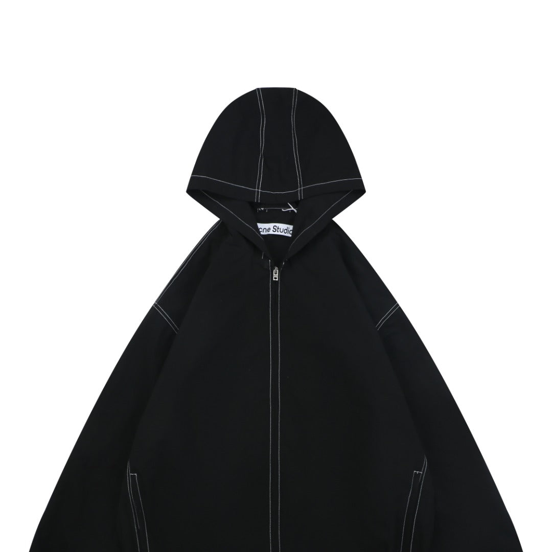 Acne Studios 1996 Contrast-Stitch Tonal Wordmark Hooded Zip Jacket - Black