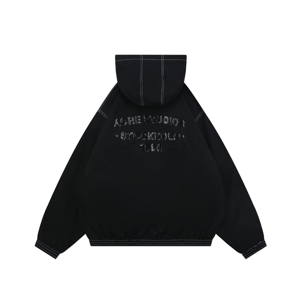 Acne Studios 1996 Contrast-Stitch Tonal Wordmark Hooded Zip Jacket - Black