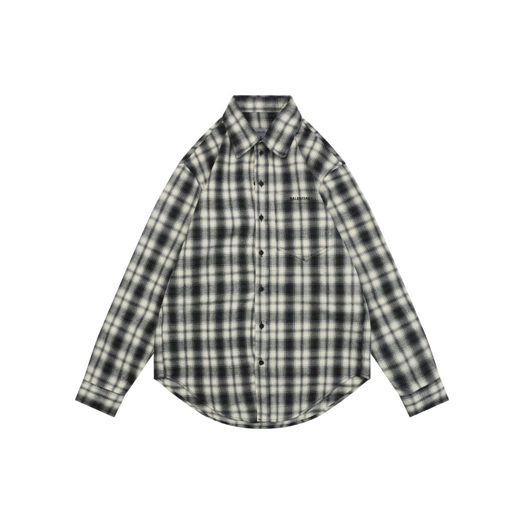 Balenciaga Black-and-White Check Chest-Pocket Paris Micro-Label Long-Sleeve Shirt