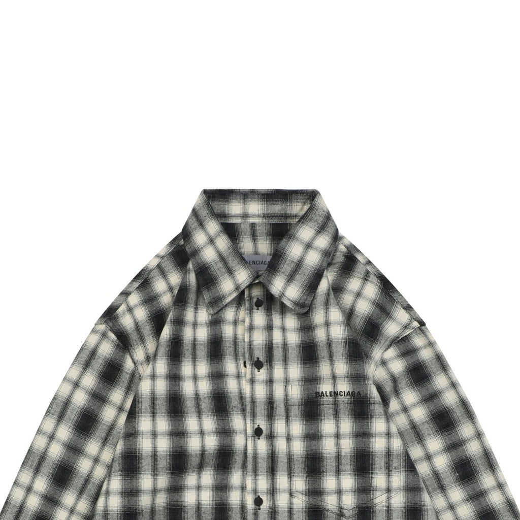 Balenciaga Black-and-White Check Chest-Pocket Paris Micro-Label Long-Sleeve Shirt