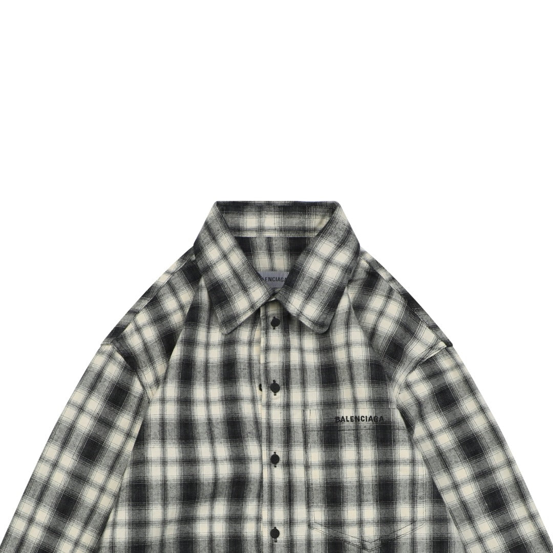 Balenciaga Black-and-White Check Chest-Pocket Paris Micro-Label Long-Sleeve Shirt