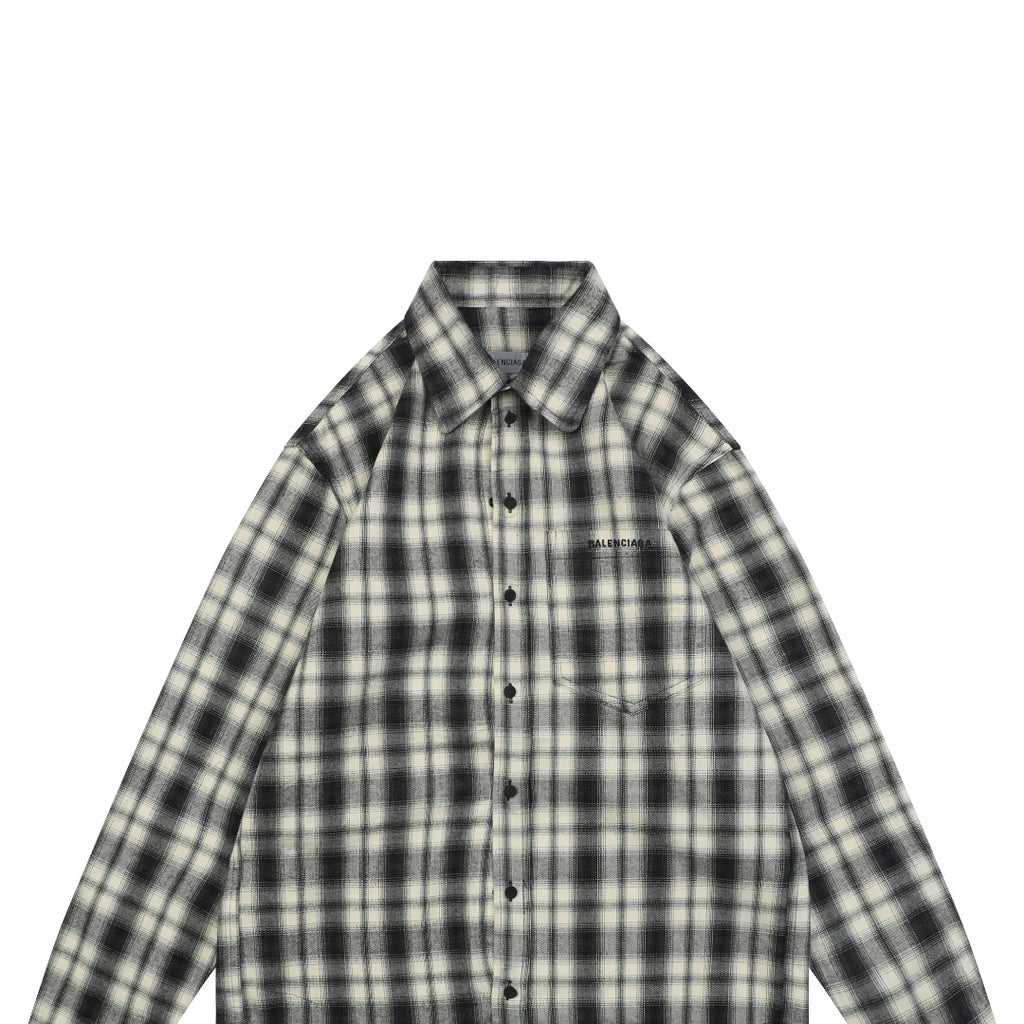 Balenciaga Black-and-White Check Chest-Pocket Paris Micro-Label Long-Sleeve Shirt