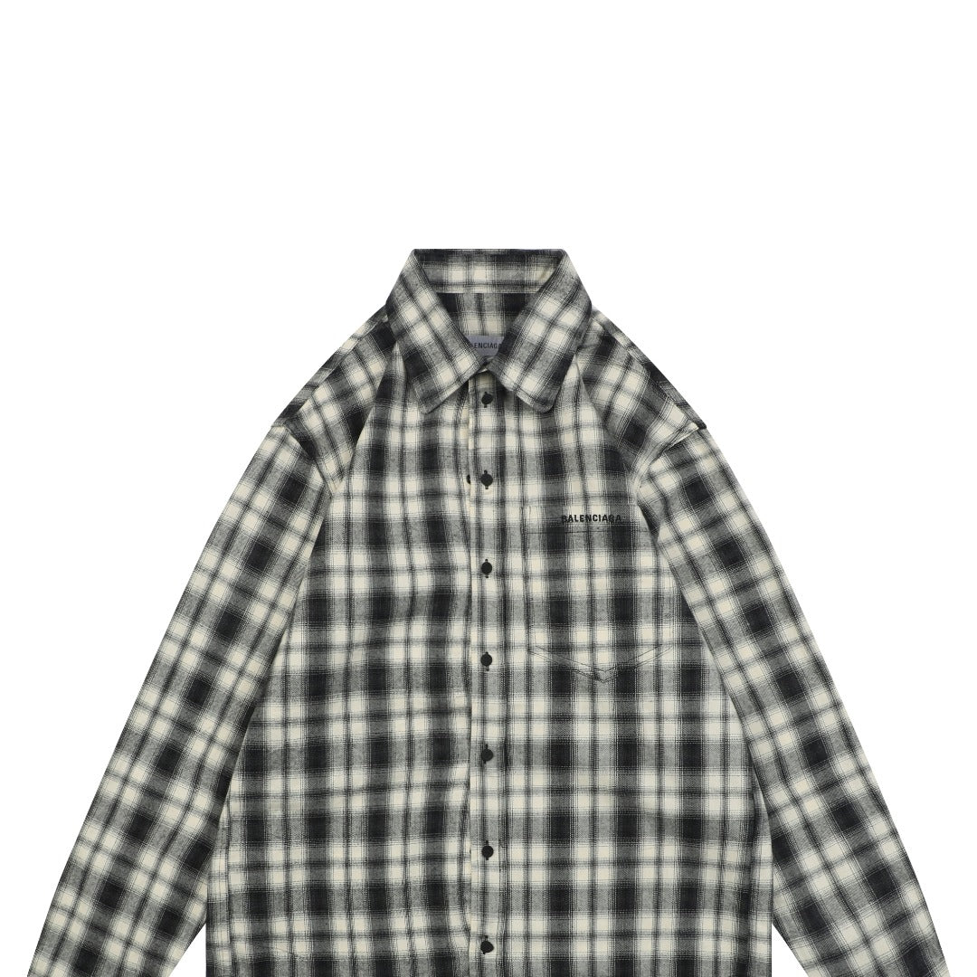 Balenciaga Black-and-White Check Chest-Pocket Paris Micro-Label Long-Sleeve Shirt